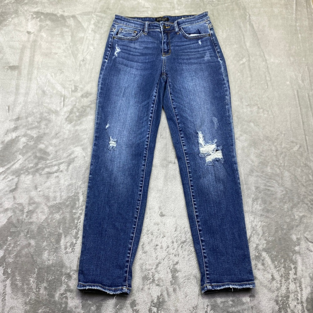 Judy Blue Slim Fit‎ Distressed Raw Hem Jeans Medium Wash JB82204DK Size 7/28